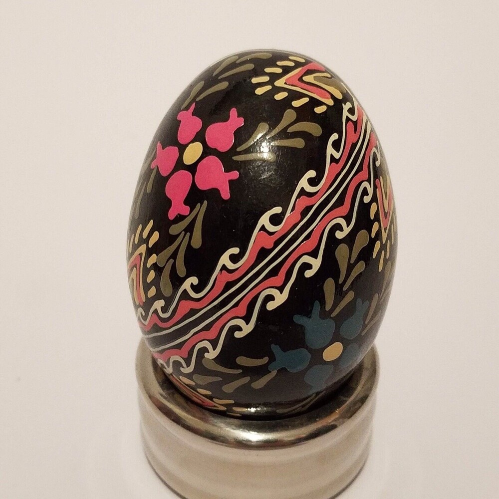Vintage Hand Painted Lacquer Floral Egg Slavic Folk Art Black Gold Wooden Decor